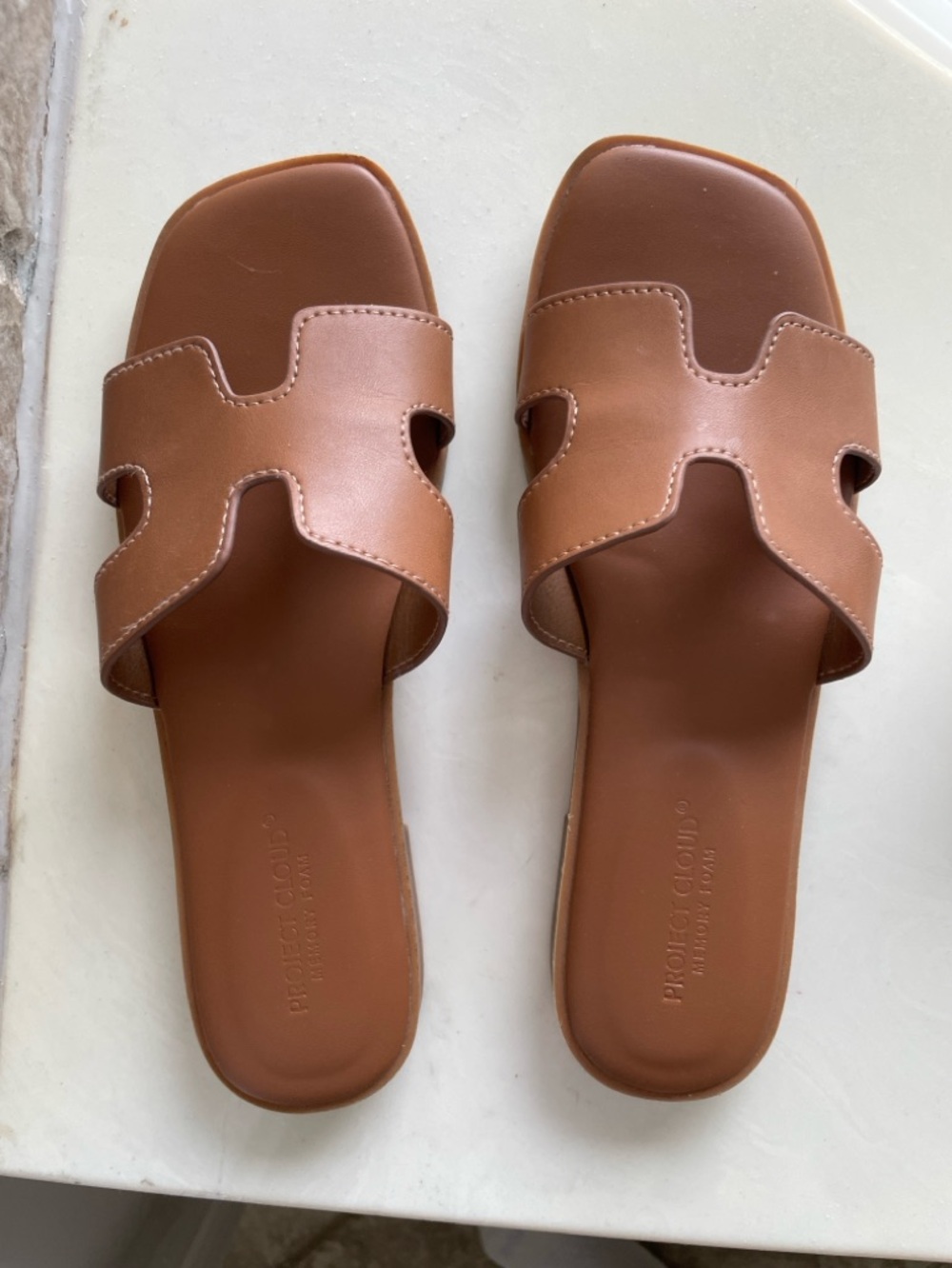 Brown Leather H Slide Sandals -cognac brown